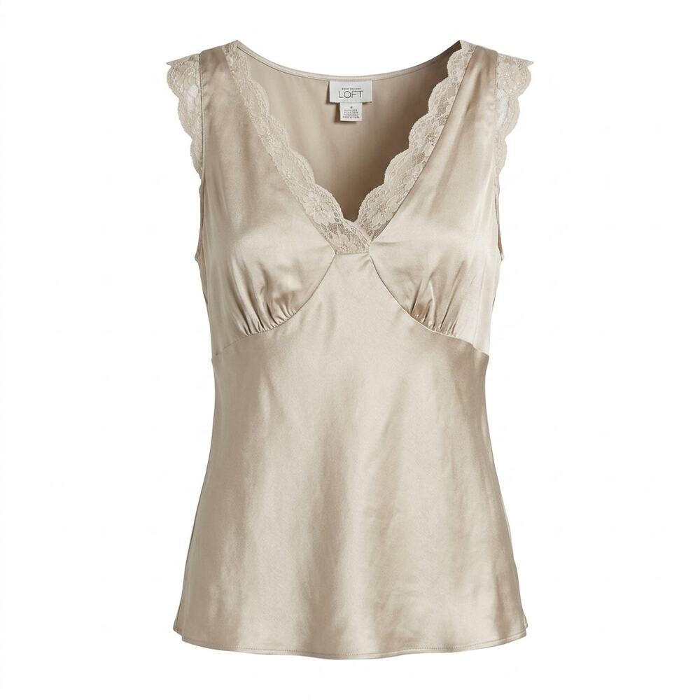 Ann Taylor LOFT 100% Silk Lace Trim V-Neck Cami Tank Top Women Size 4